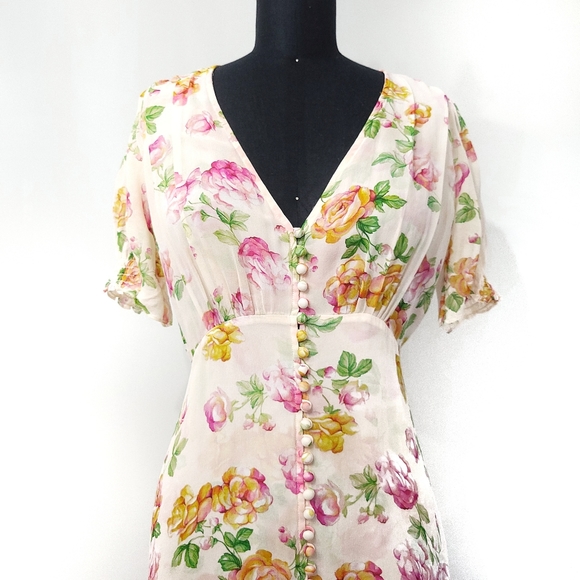 The Kooples Antique Florals Silk Puff Sleeve Slip Midi Dress - Picture 4 of 13